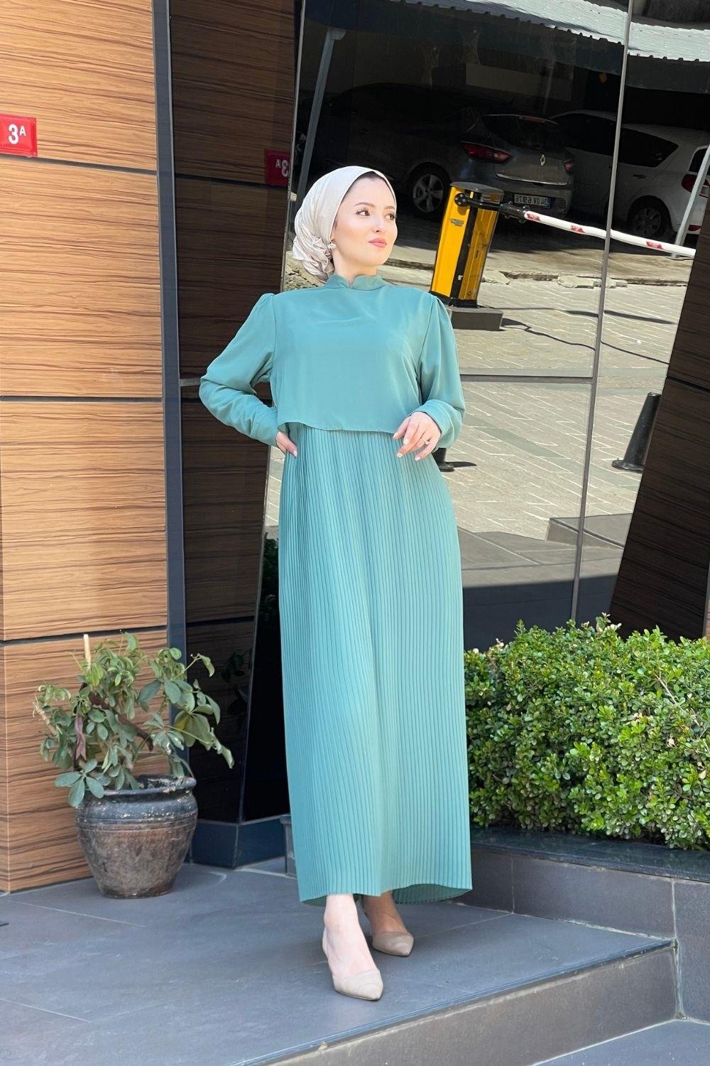 Üstü Dökümlü Altı Pileli Elbise Mint 5130 
