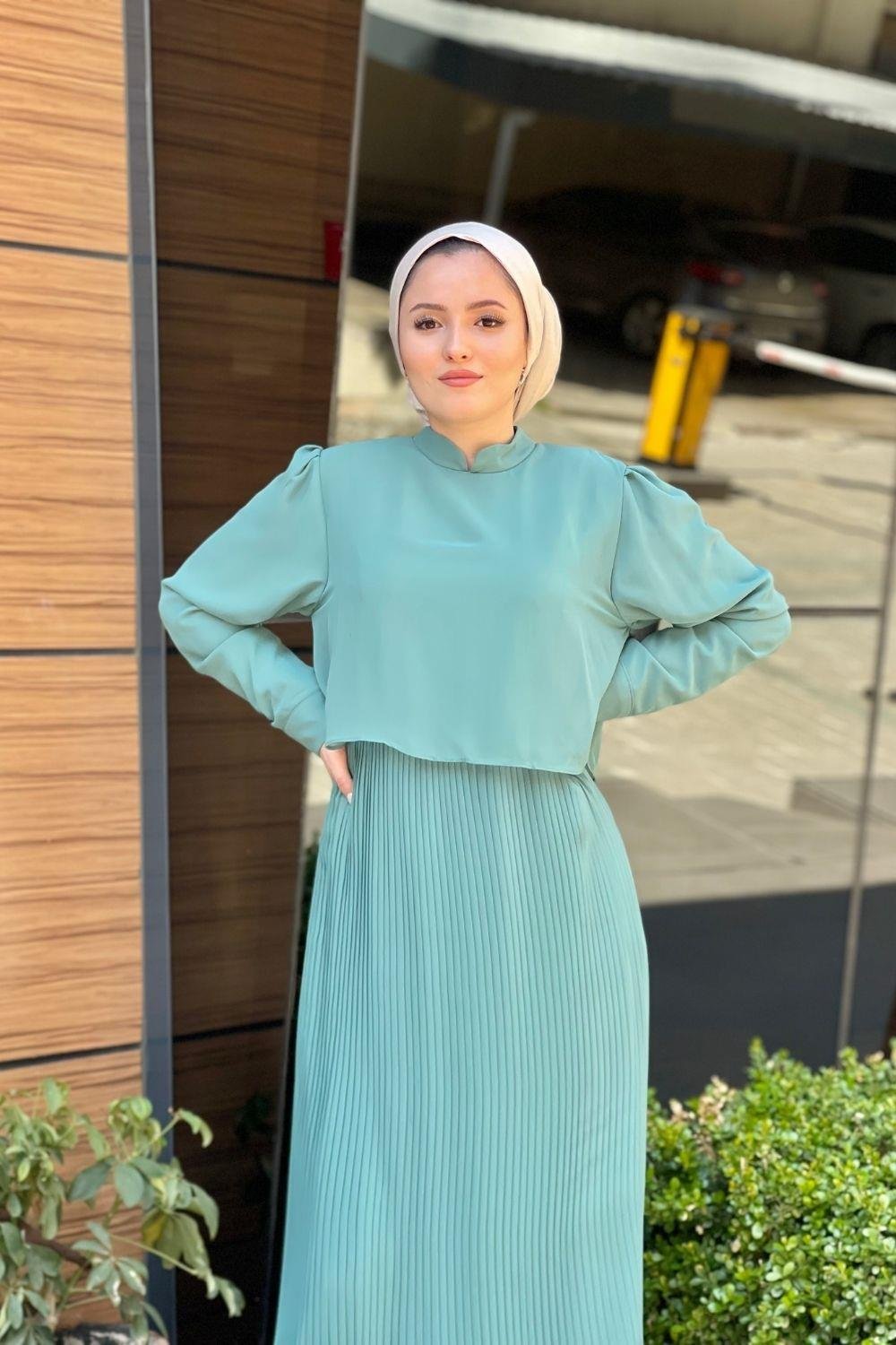 Üstü Dökümlü Altı Pileli Elbise Mint 5130 
