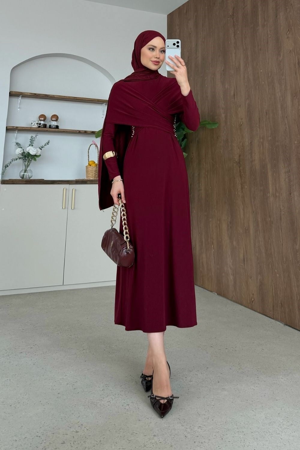 Hanzade Taşlı Sandy Elbise Bordo 5133 
