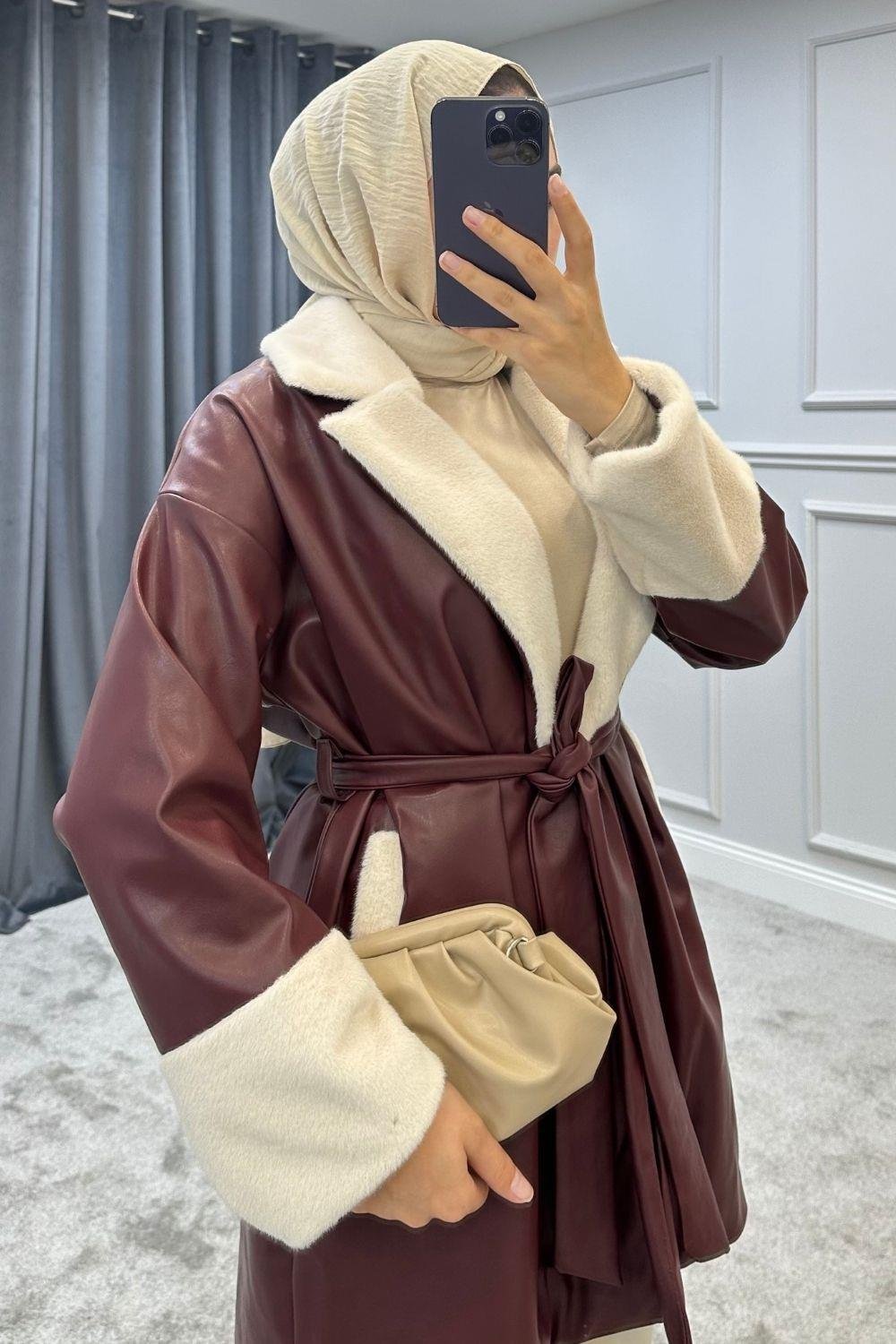 Yaka Ve Manşet Kürklü Kap Bordo 5473 