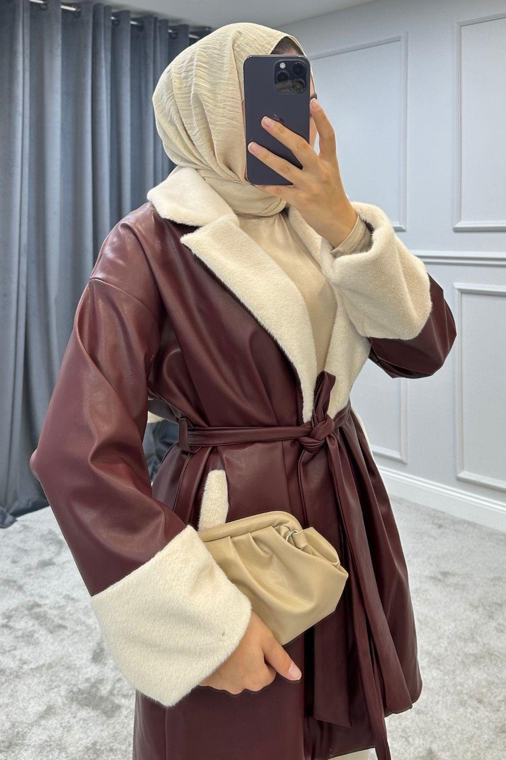 Yaka Ve Manşet Kürklü Kap Bordo 5473 