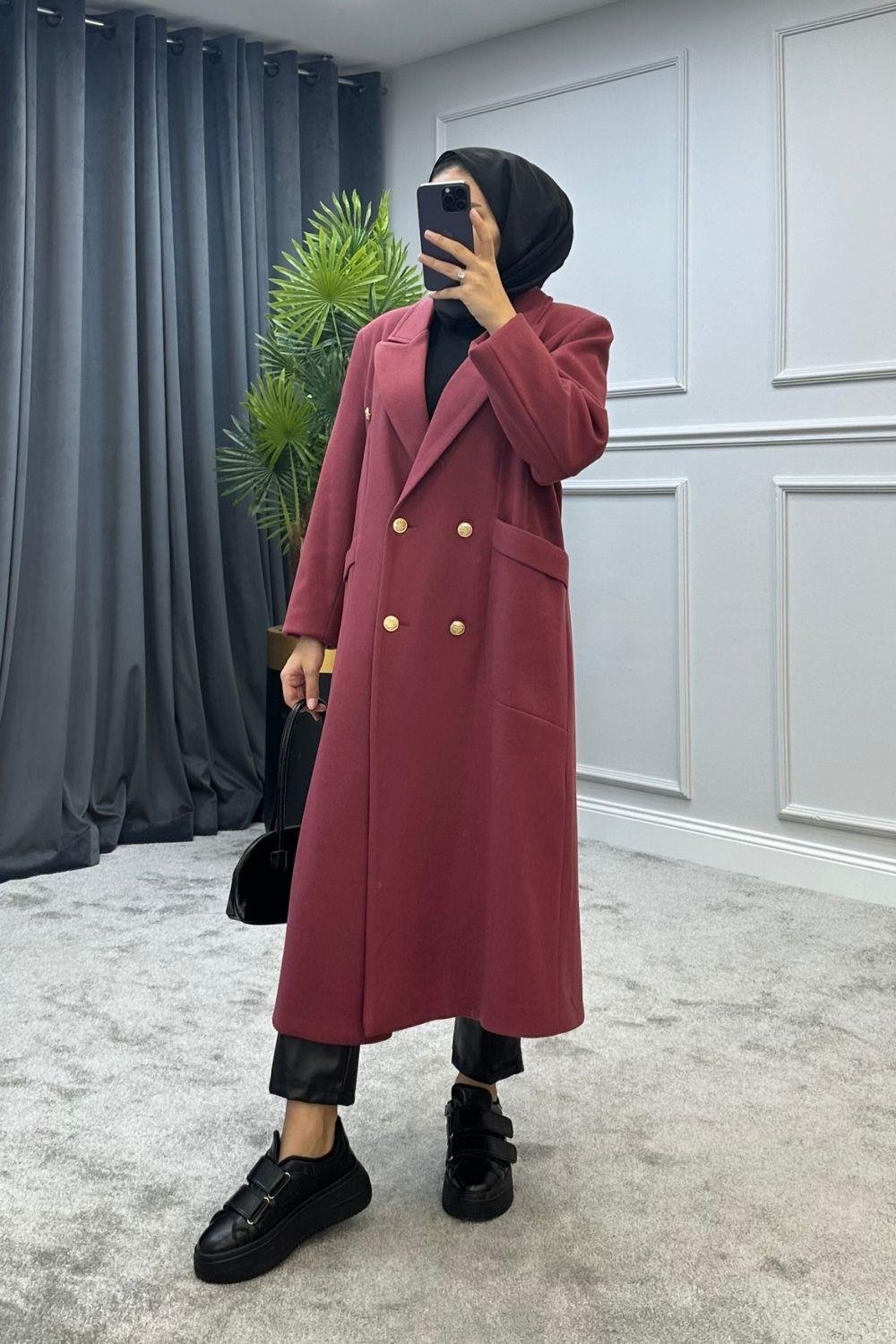 Uzun Düğmeli Kaban Bordo 5489 