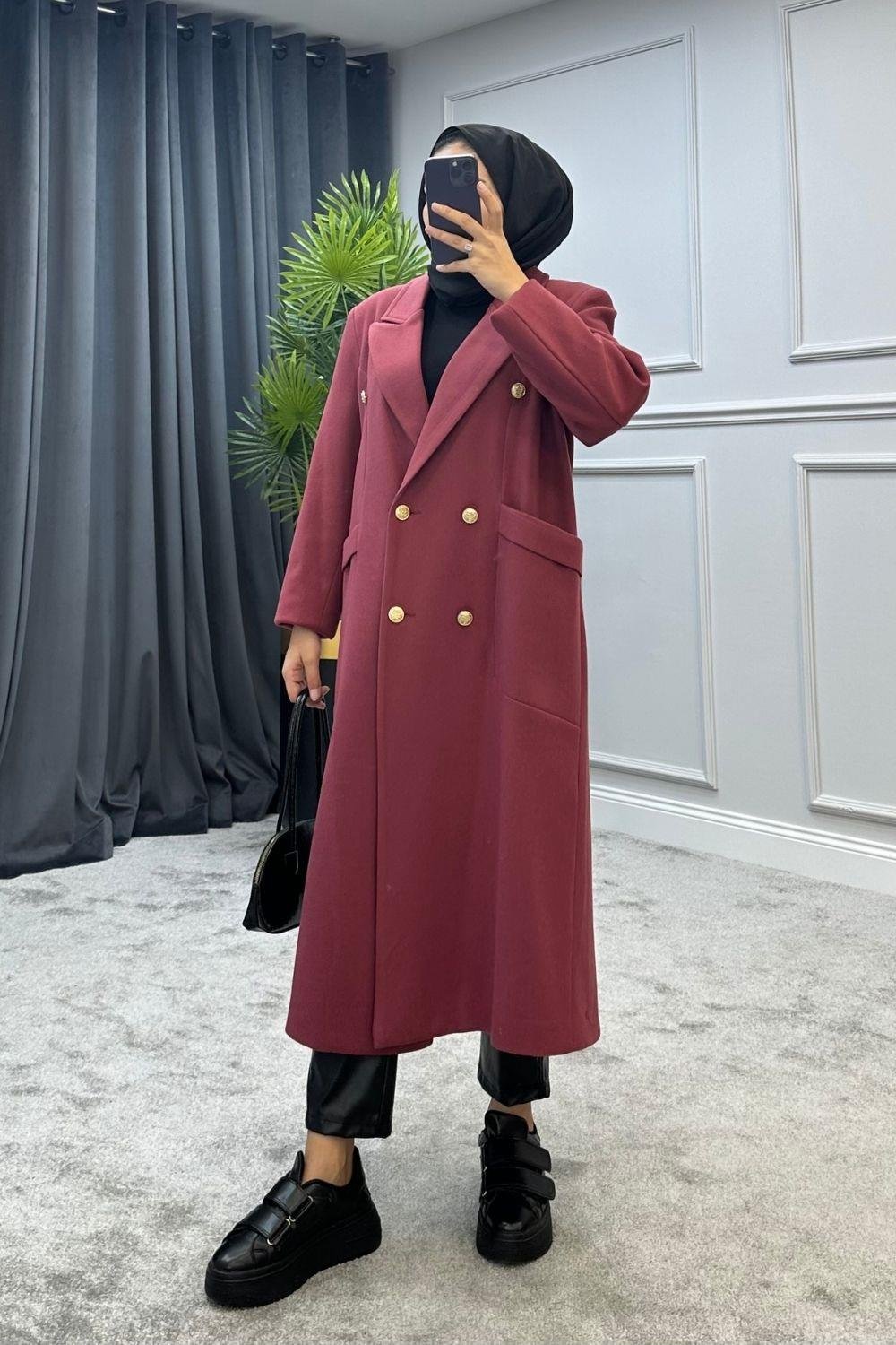 Uzun Düğmeli Kaban Bordo 5489 