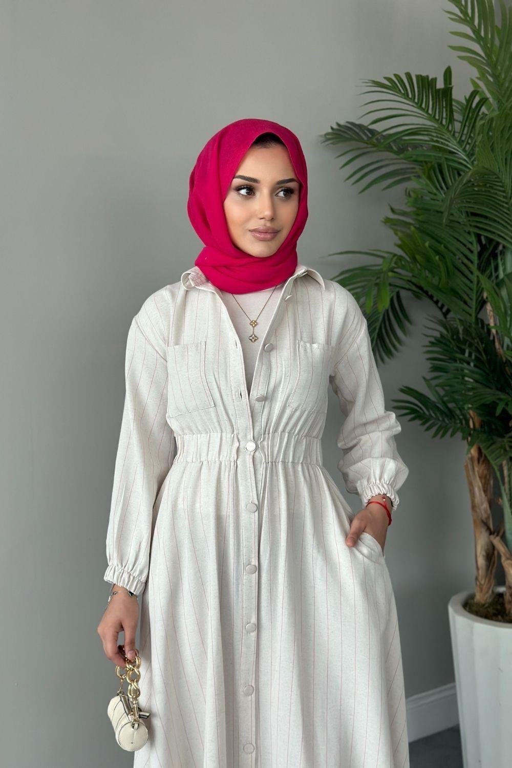 Beylem Çizgili Keten Elbise Pembe 5537 