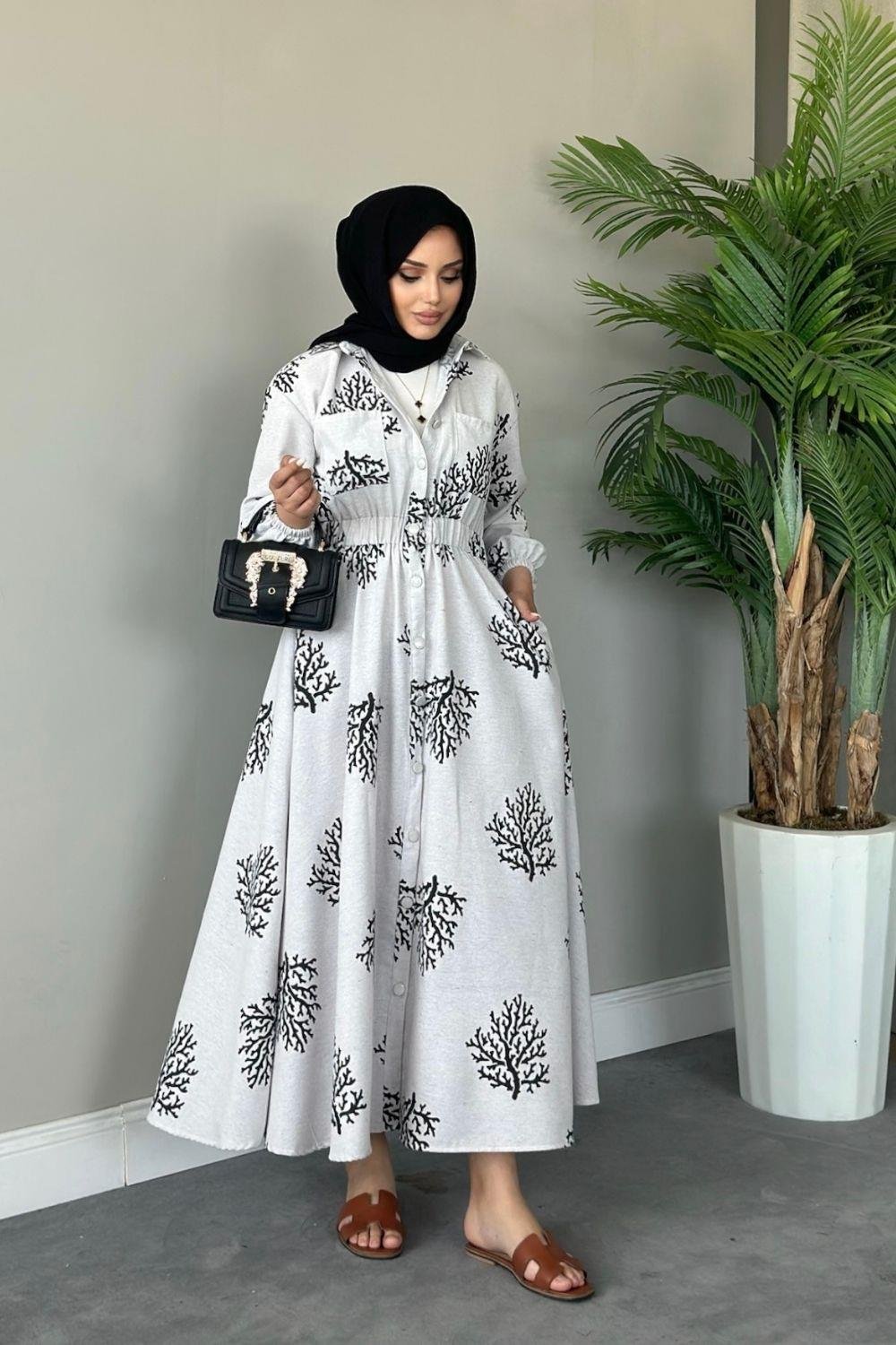 Pervin Desenli Keten Elbise Siyah 5538 