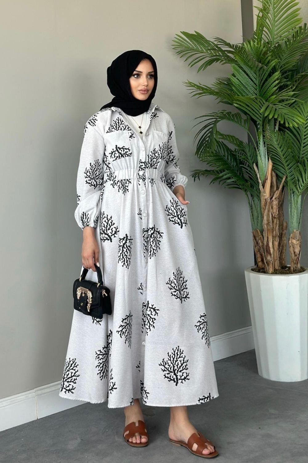 Pervin Desenli Keten Elbise Siyah 5538 