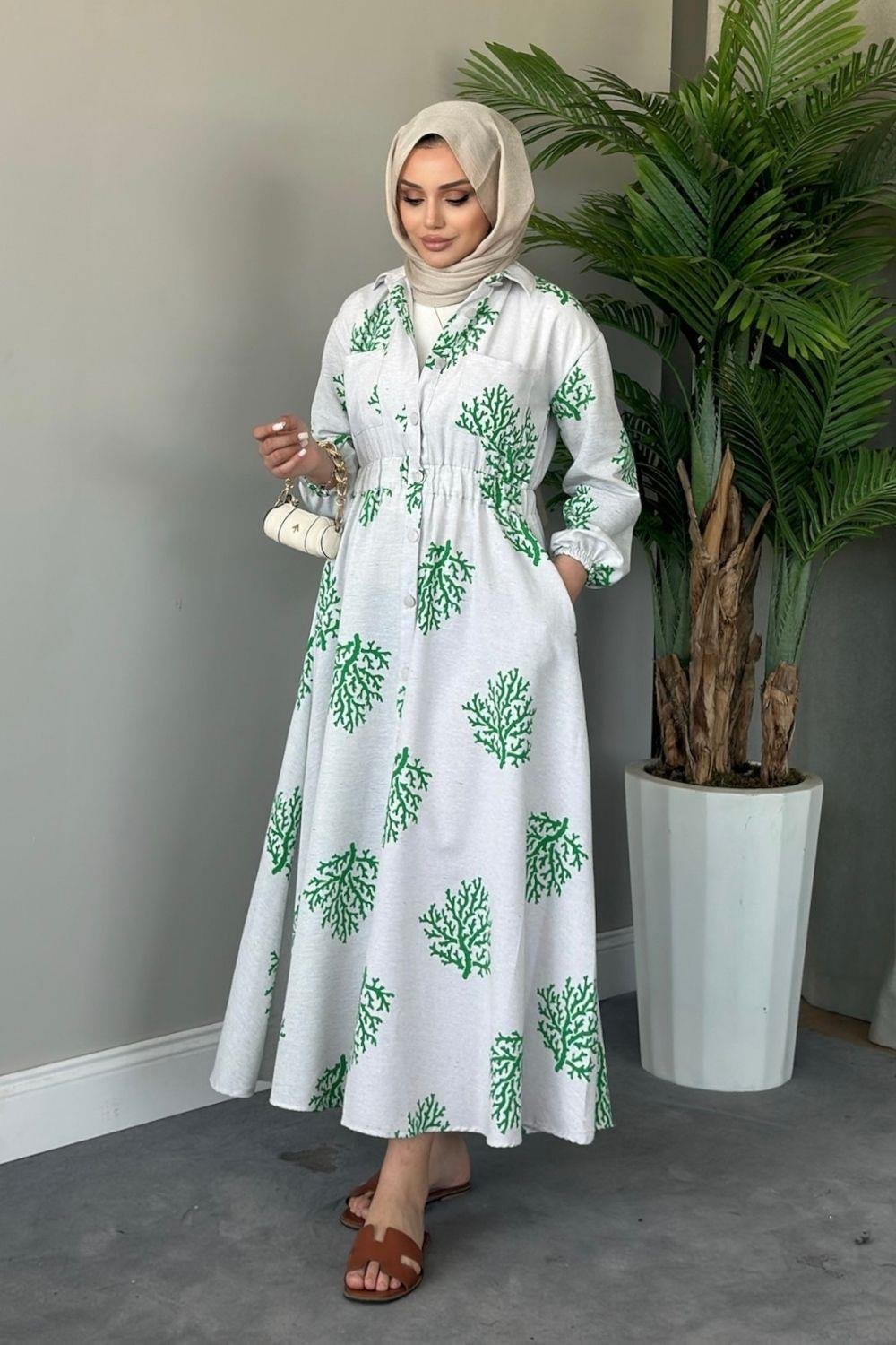 Pervin Desenli Keten Elbise Yeşil 5538 