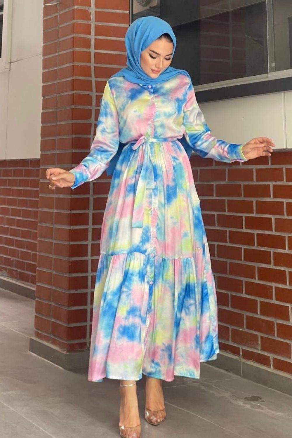 Saten desenli Elbise Mavi 5544 