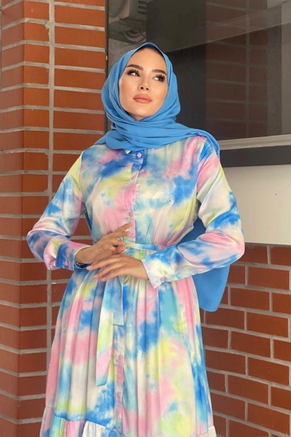 Saten desenli Elbise Mavi 5544 