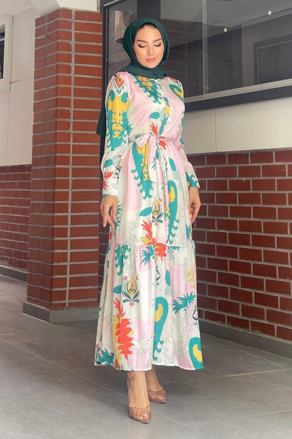 Saten desenli Elbise Pudra 5544 