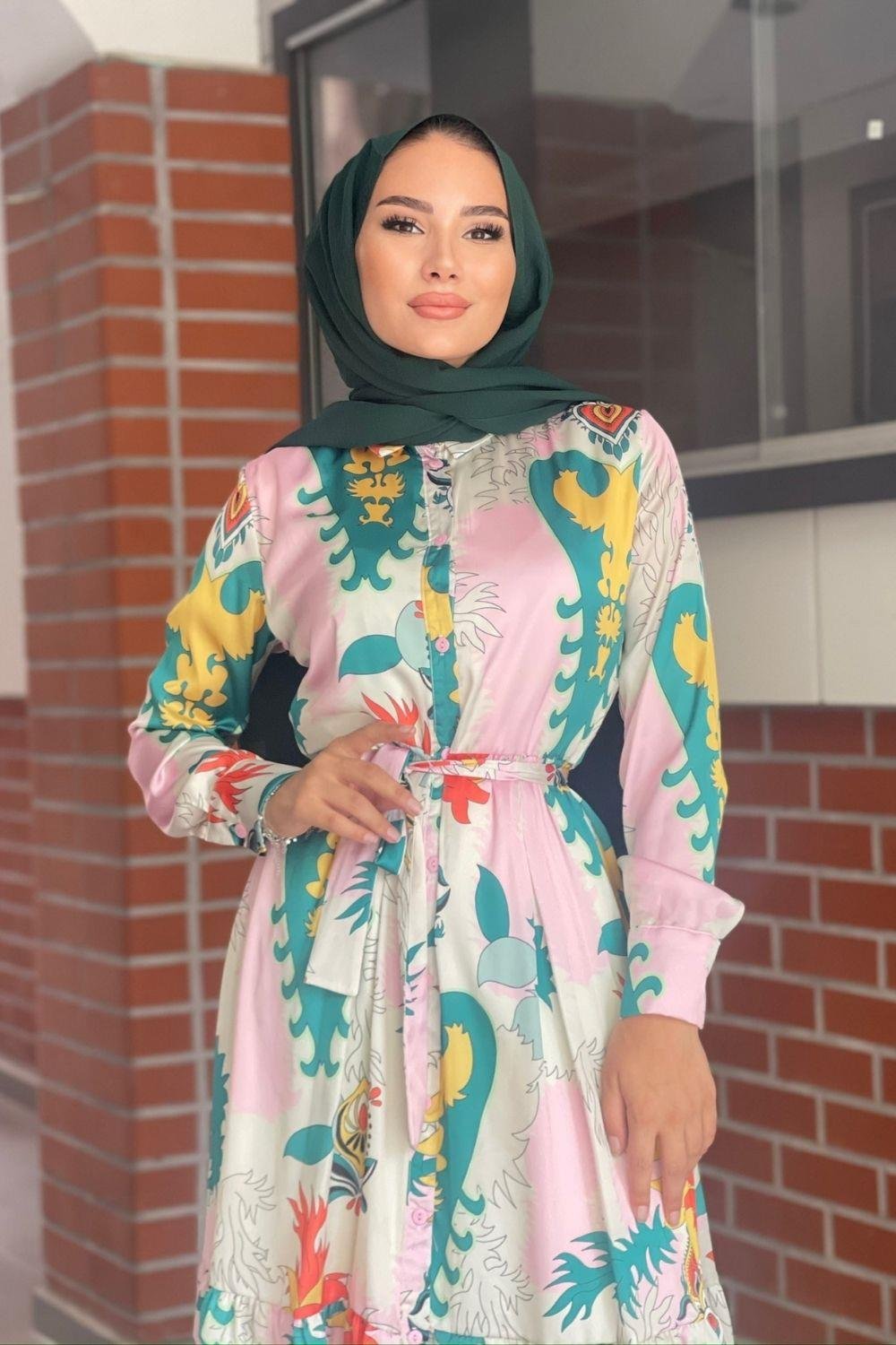 Saten desenli Elbise Pudra 5544 