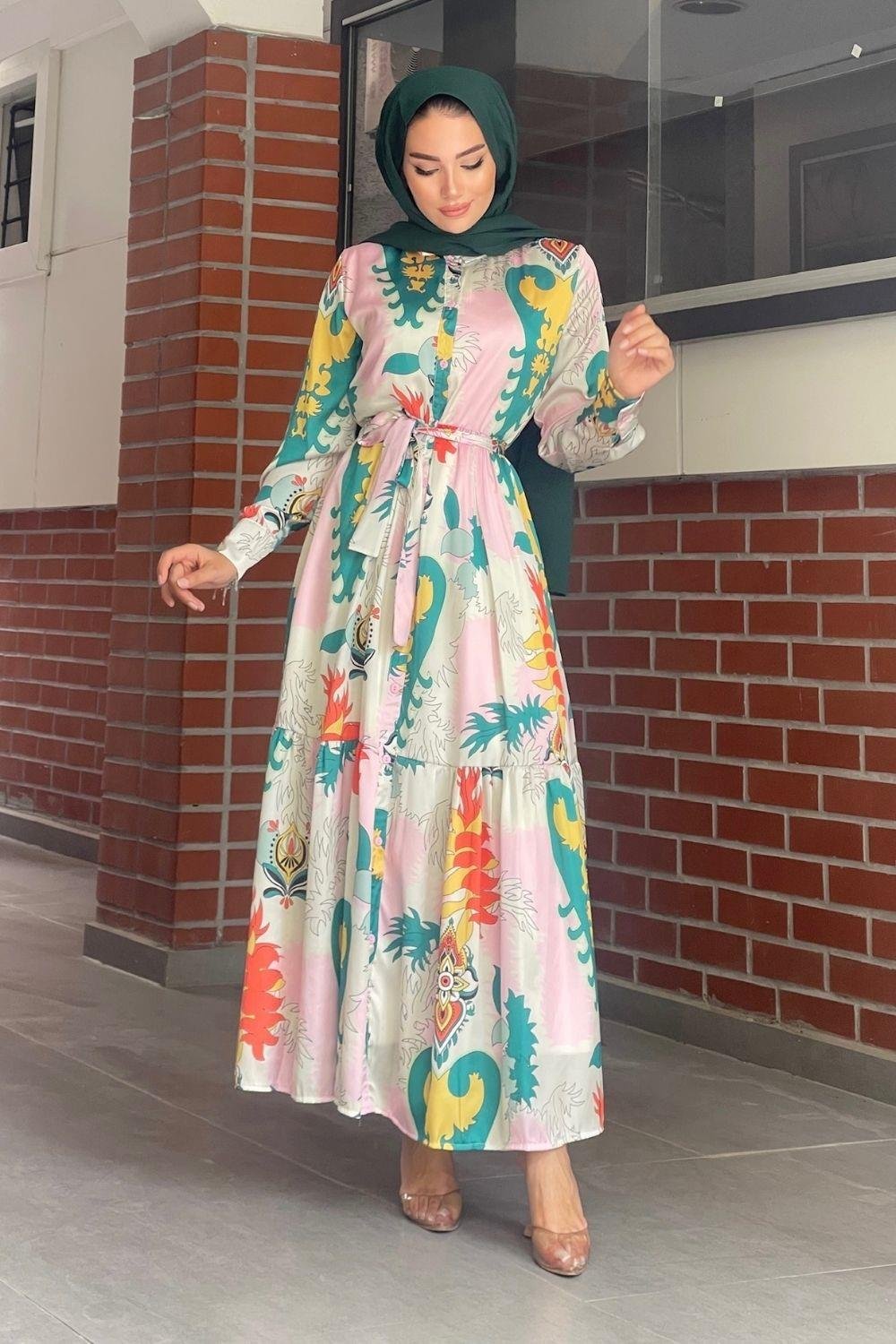 Saten desenli Elbise Pudra 5544 