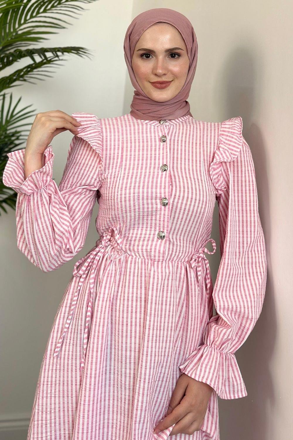 Alia Çizgiili Elbise Pembe 5558 