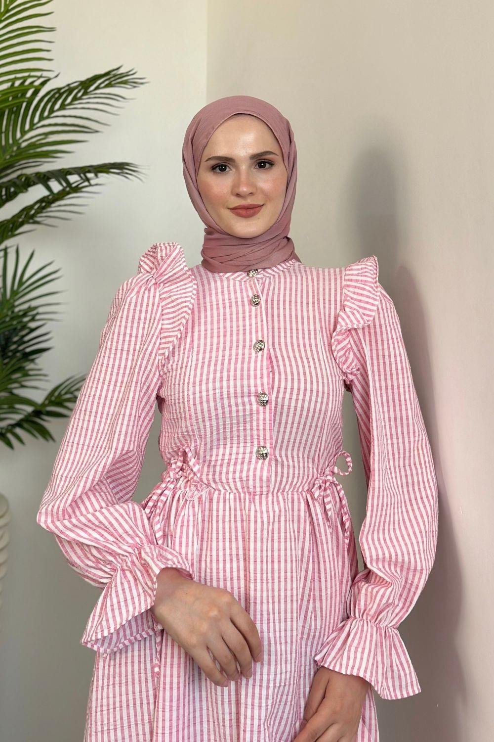 Alia Çizgiili Elbise Pembe 5558 