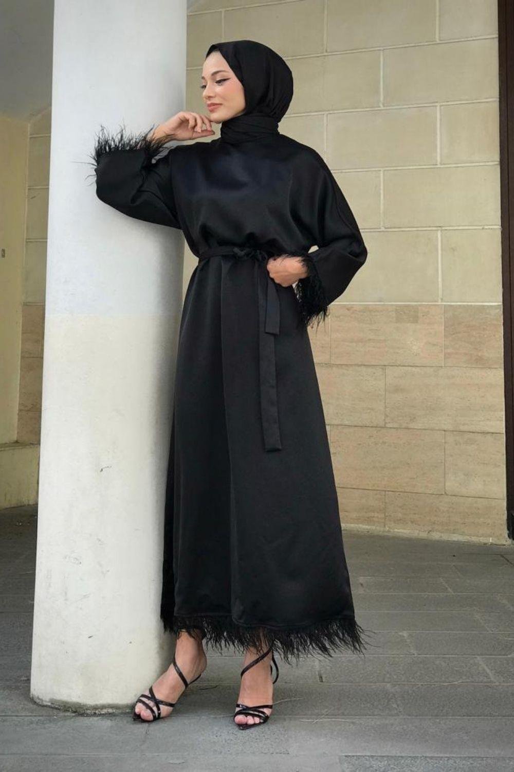 Kol ve Etek Ucu Tüylü Abiye Siyah 5591 
