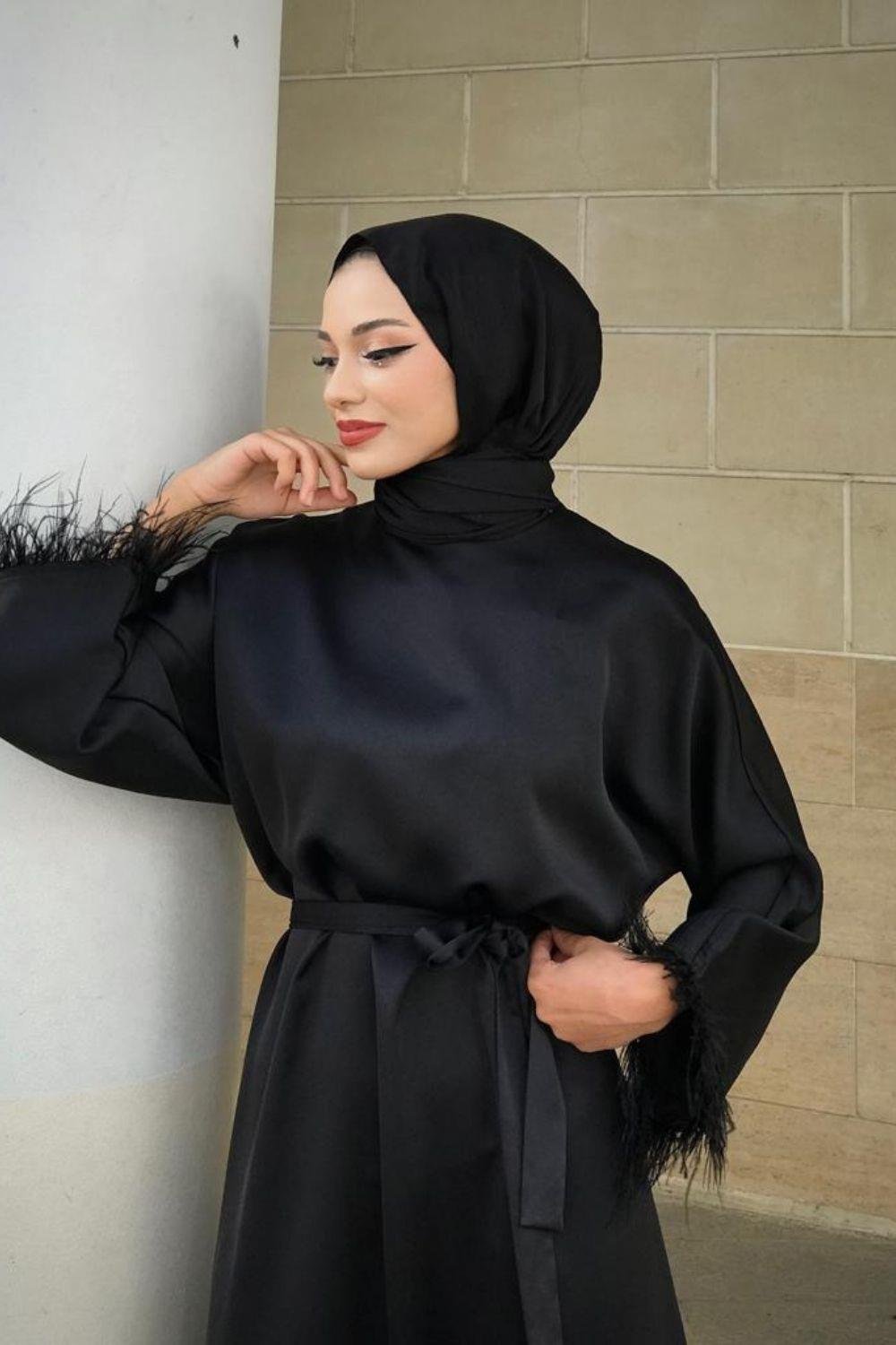 Kol ve Etek Ucu Tüylü Abiye Siyah 5591 