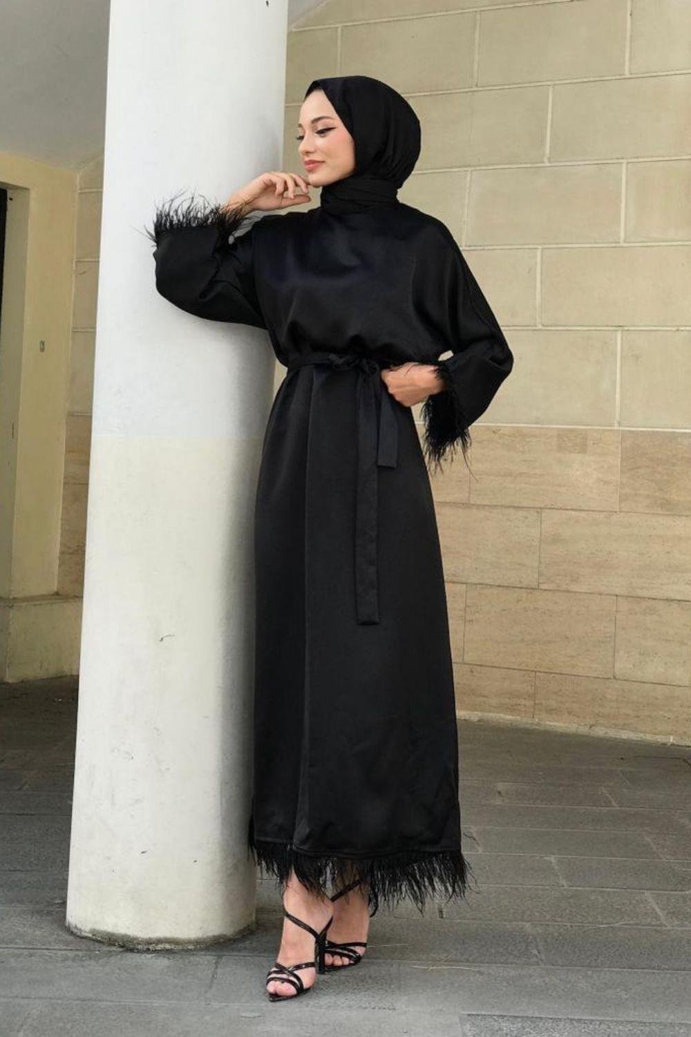 Kol ve Etek Ucu Tüylü Abiye Siyah 5591 