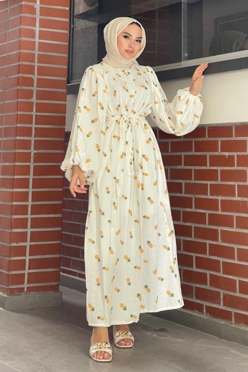 Ananas Dessenli Elbise Turuncu 5626 