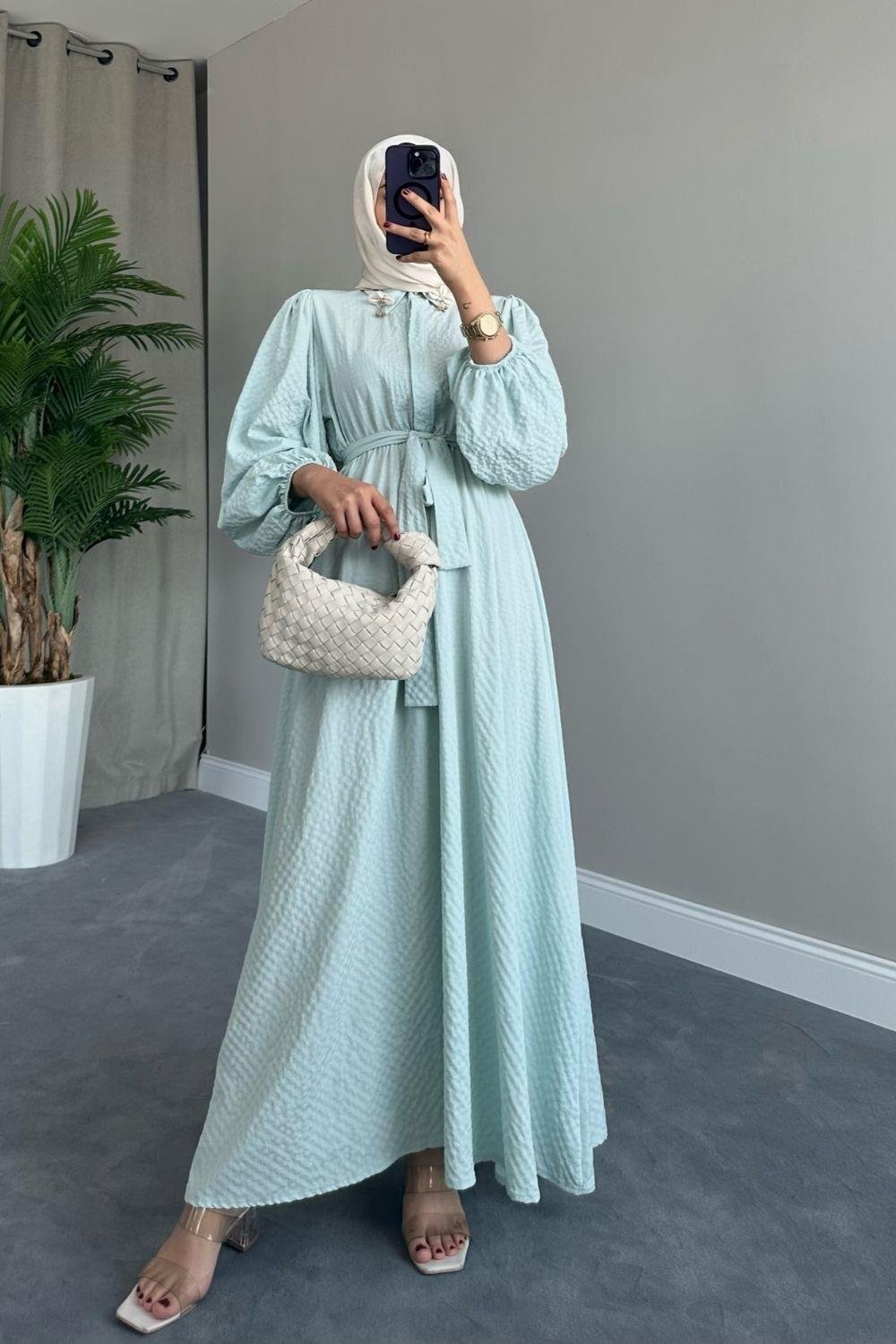 Yaka Bronşlu Büzgülü Elbise Mint 5645 