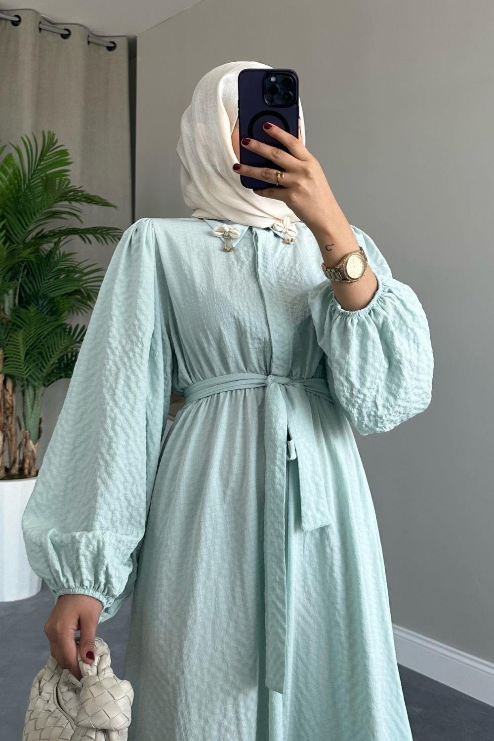 Yaka Bronşlu Büzgülü Elbise Mint 5645 