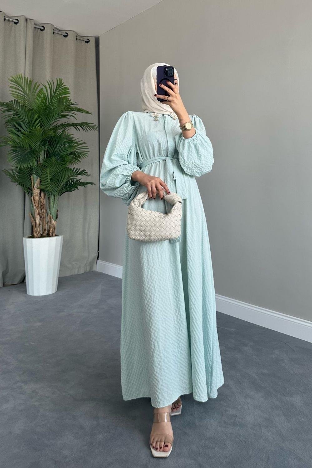 Yaka Bronşlu Büzgülü Elbise Mint 5645 