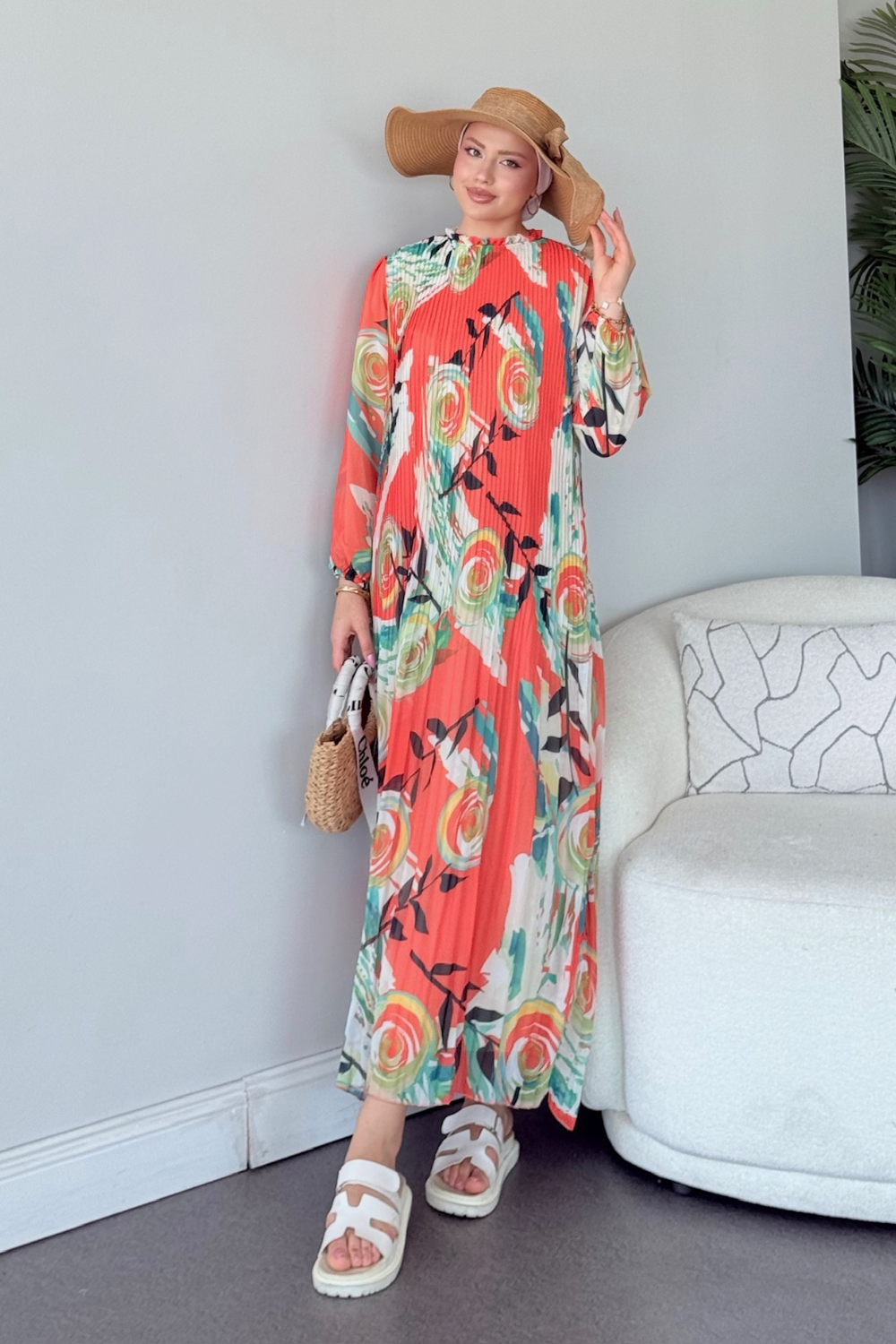 فستان شيفون ملون برتقالي 5675 