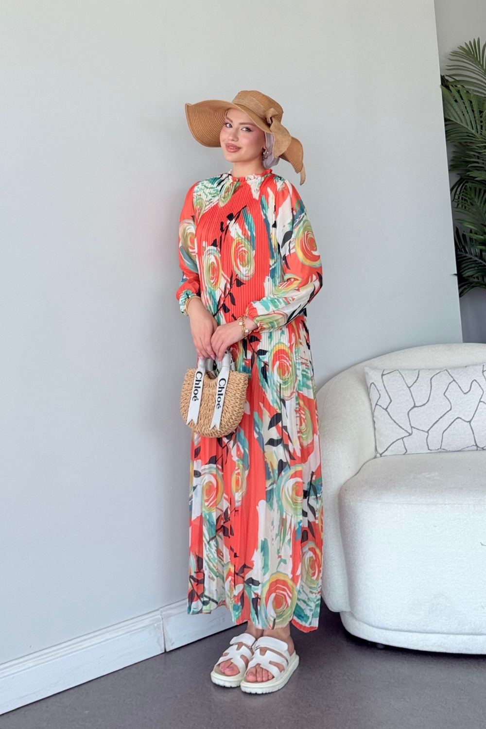 فستان شيفون ملون برتقالي 5675 