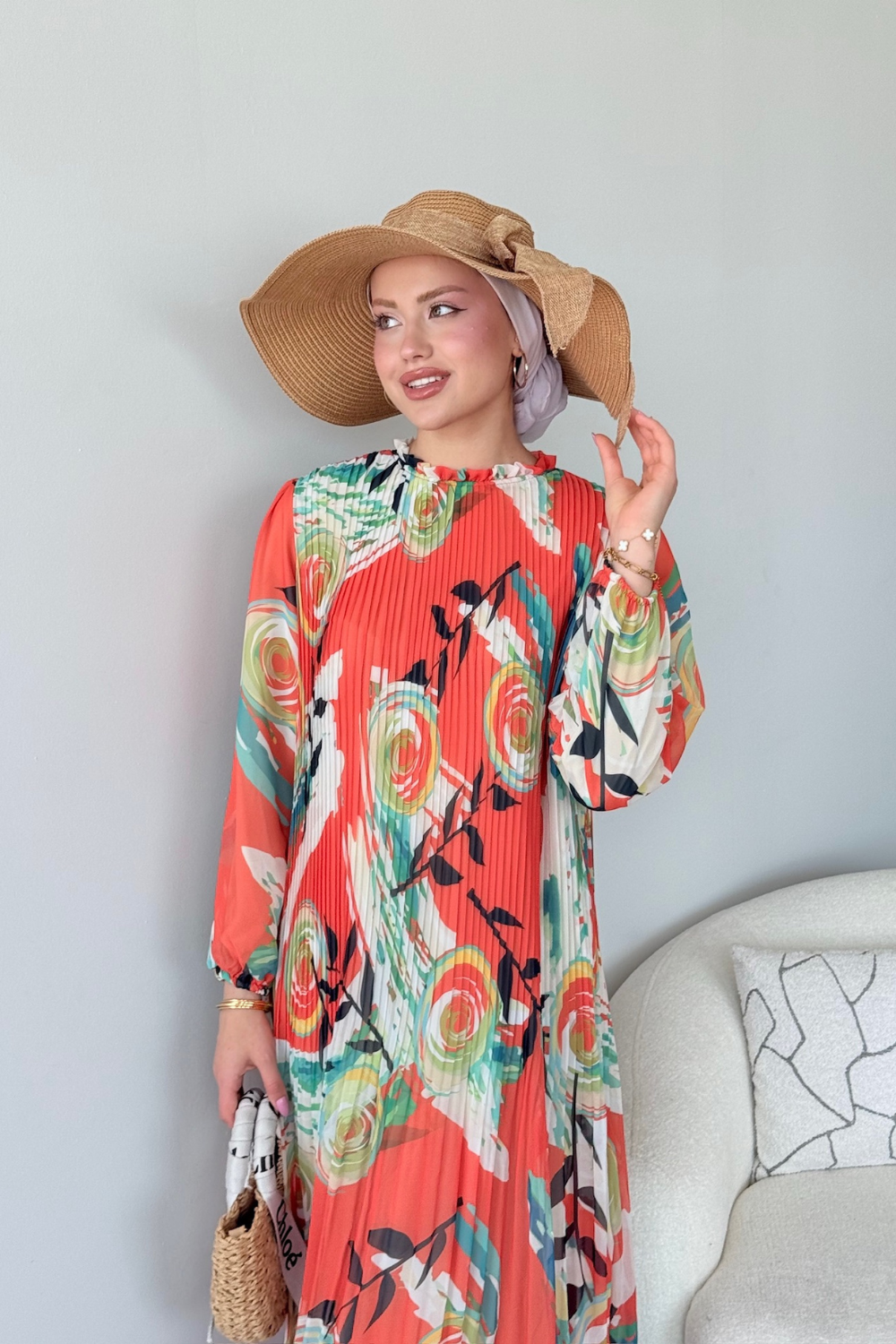 فستان شيفون ملون برتقالي 5675 