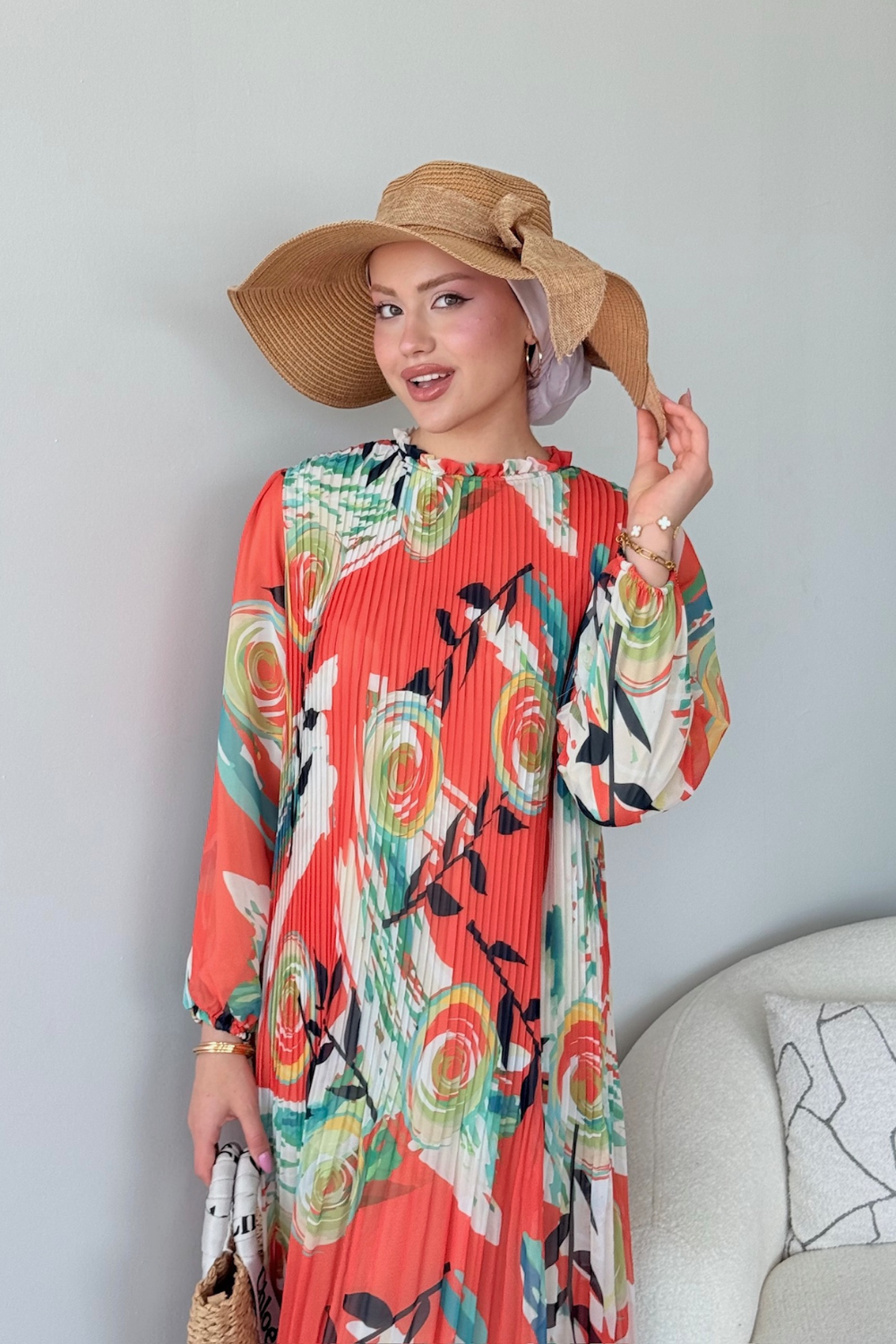 فستان شيفون ملون برتقالي 5675 