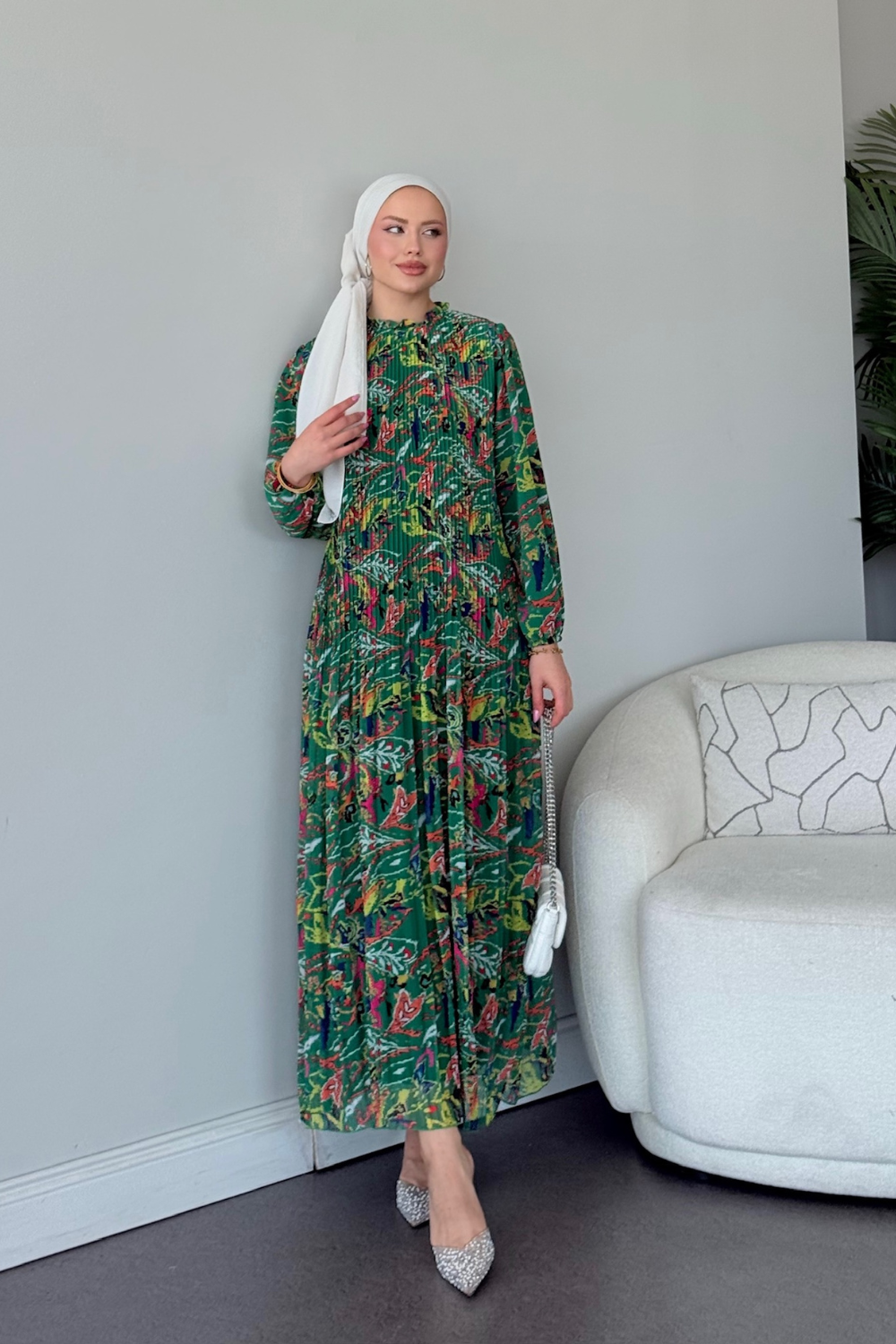 Renkli Şifon Elbise Yeşil 5675 