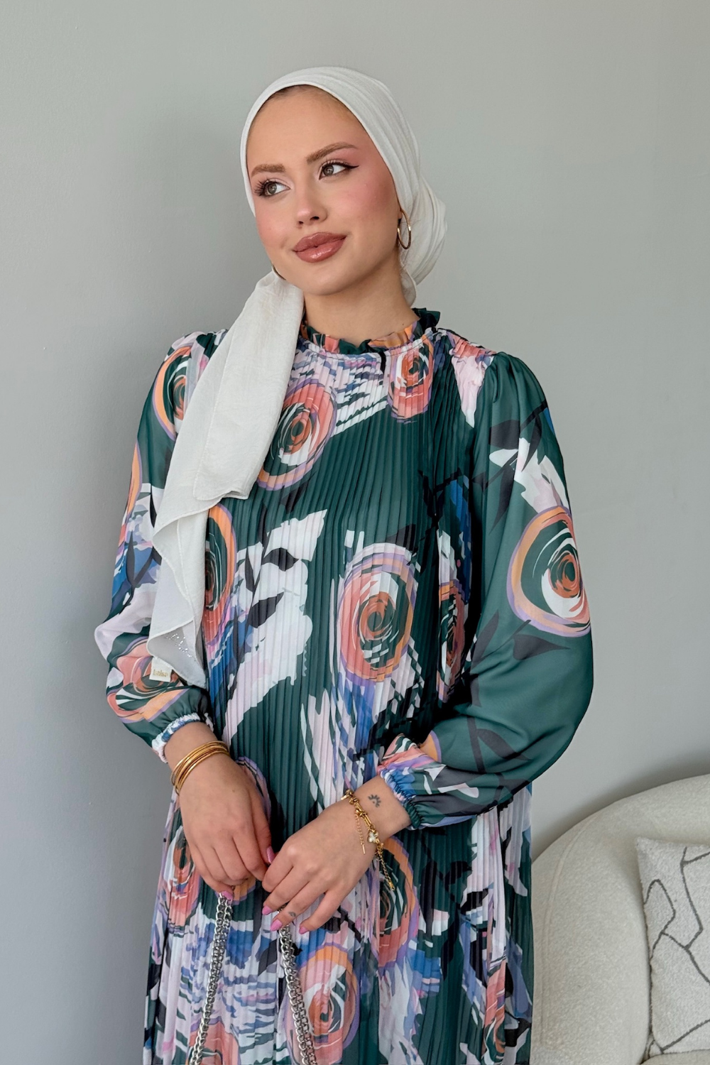 فستان شيفون ملون زمردي 5675 