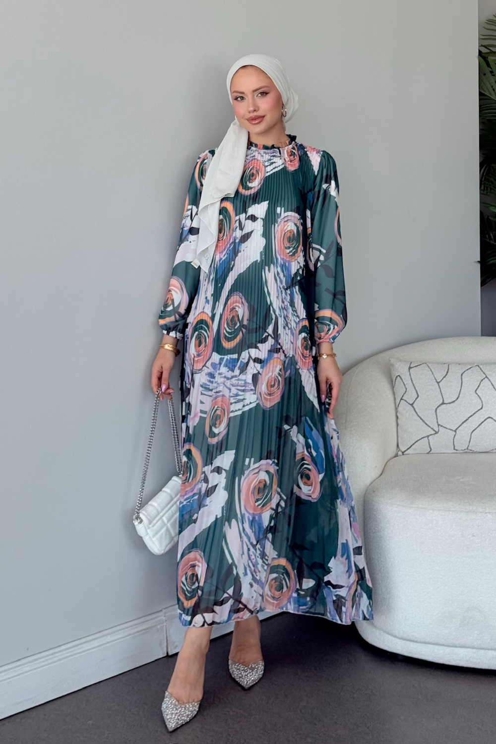 فستان شيفون ملون زمردي 5675 