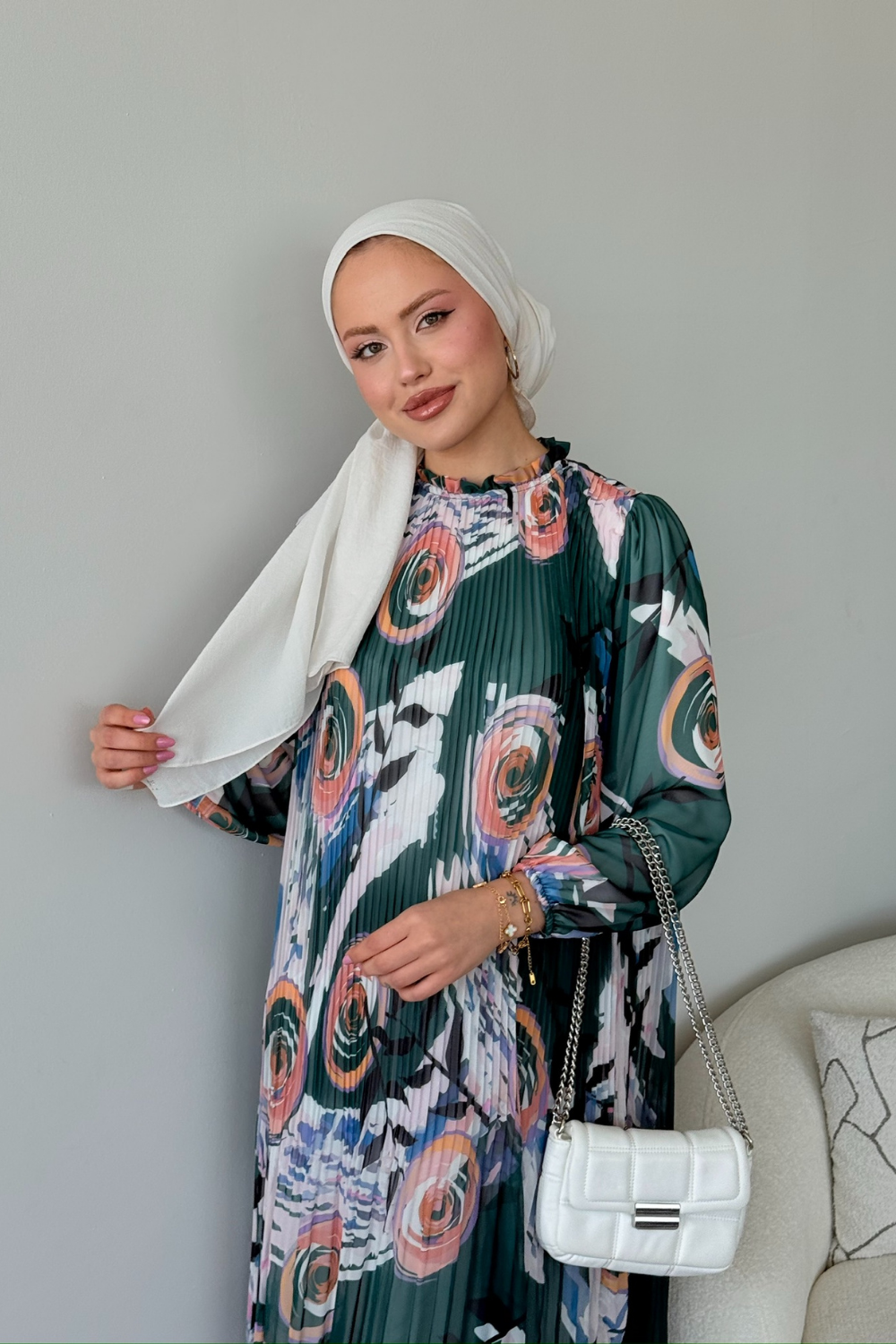 فستان شيفون ملون زمردي 5675 