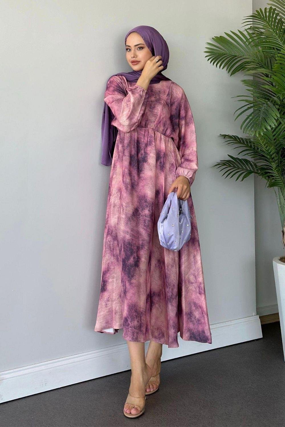 Fırça Desen Elbise Fuşya 5676 