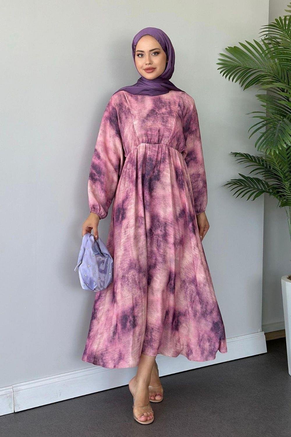 Fırça Desen Elbise Fuşya 5676 