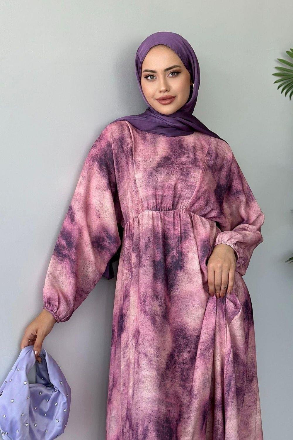 Fırça Desen Elbise Fuşya 5676 