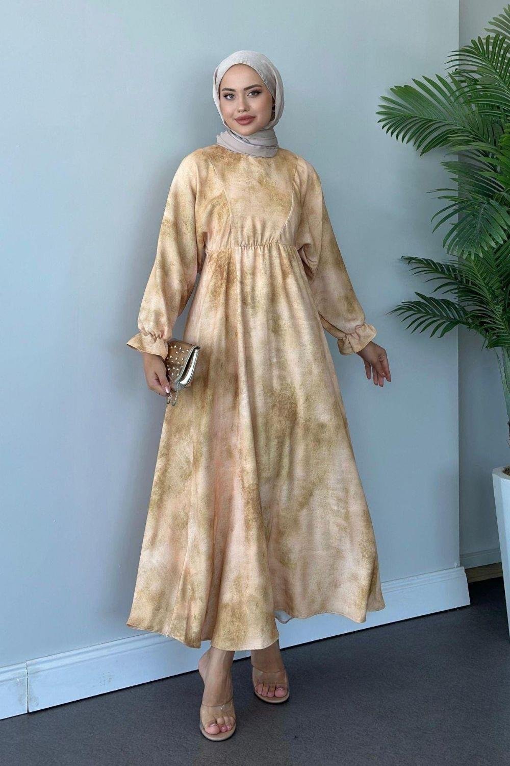 Fırça Desen Elbise Krem 5676 