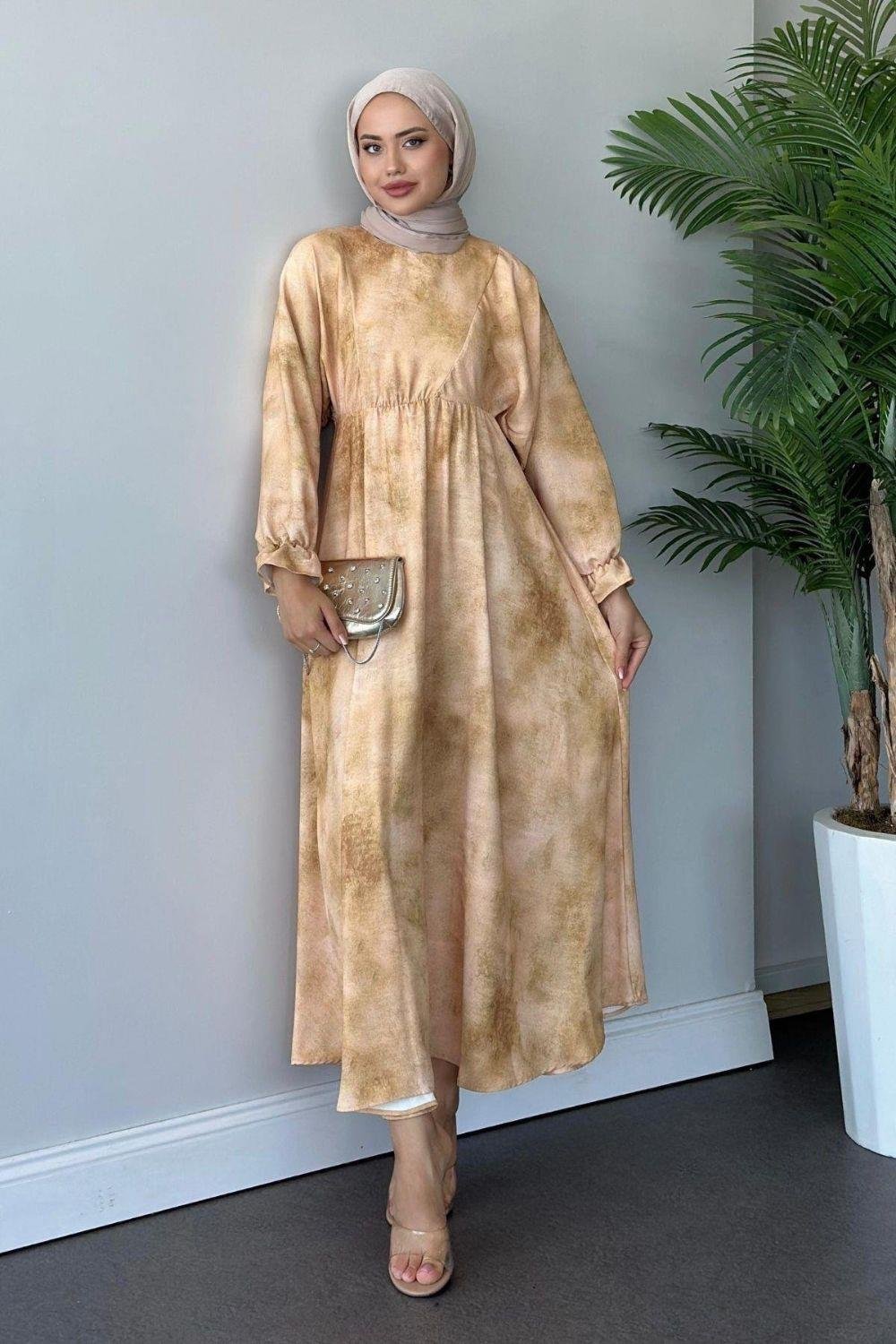 Fırça Desen Elbise Krem 5676 