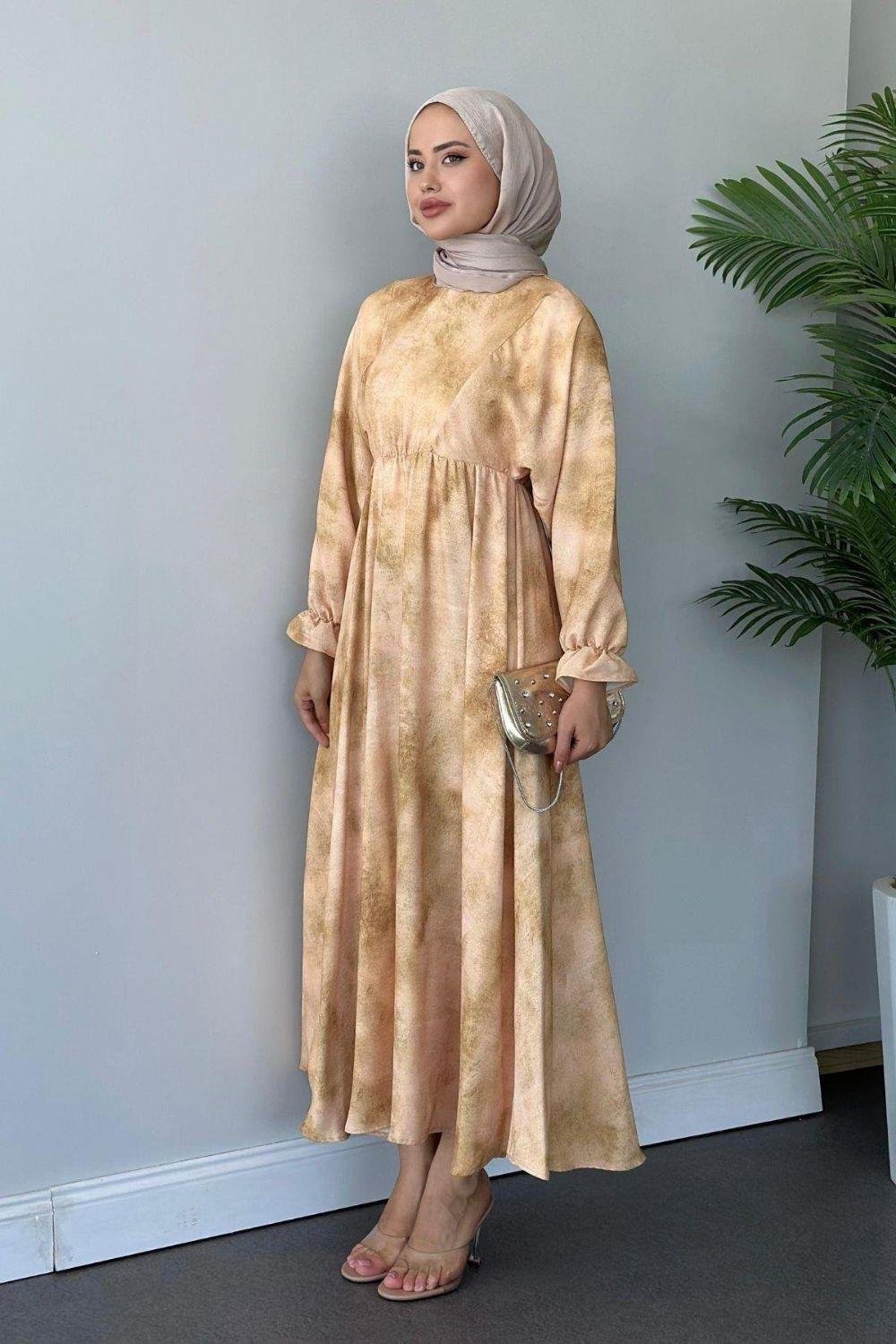 Fırça Desen Elbise Krem 5676 