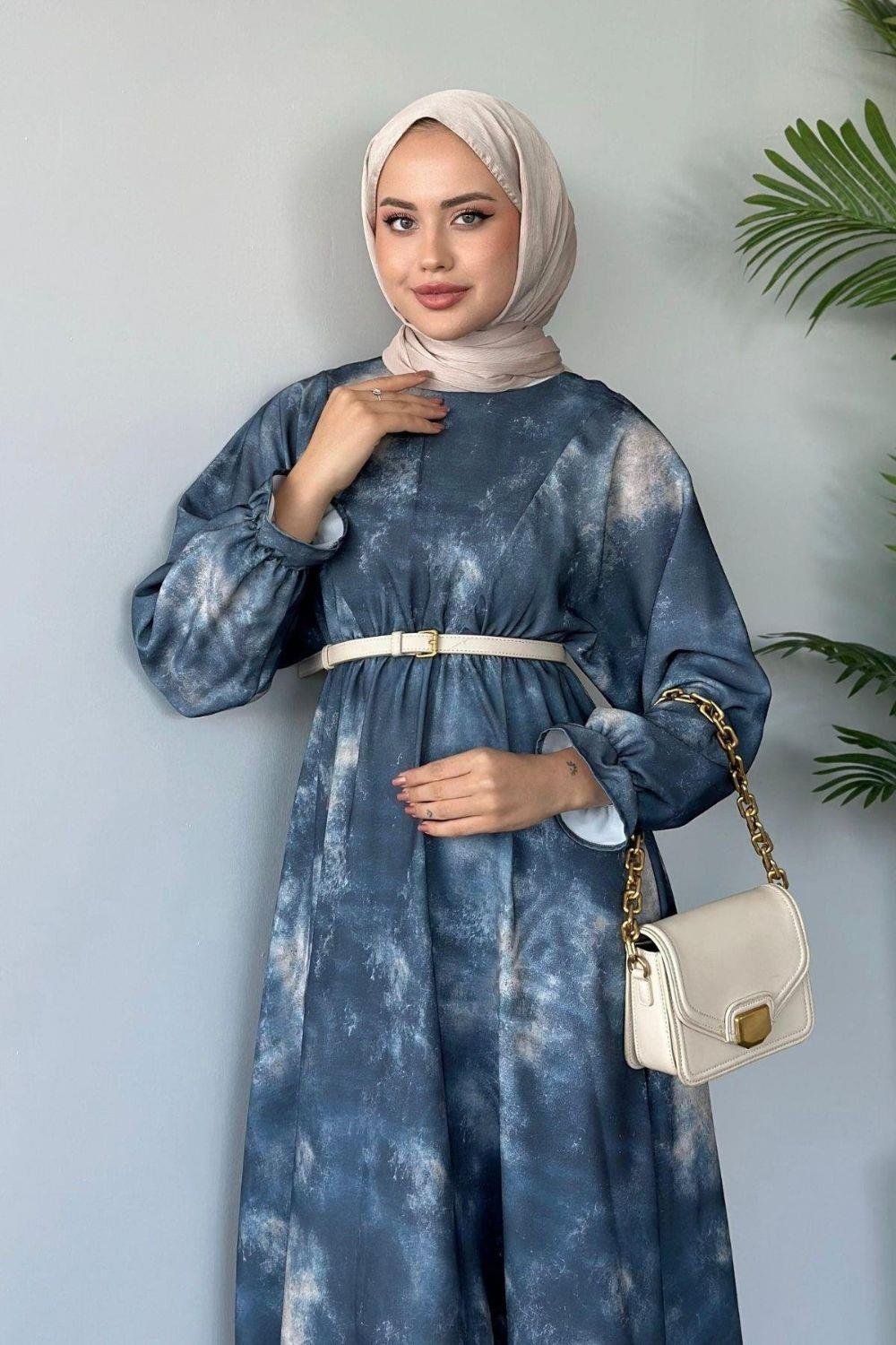 Fırça Desen Elbise Lacivert 5676 