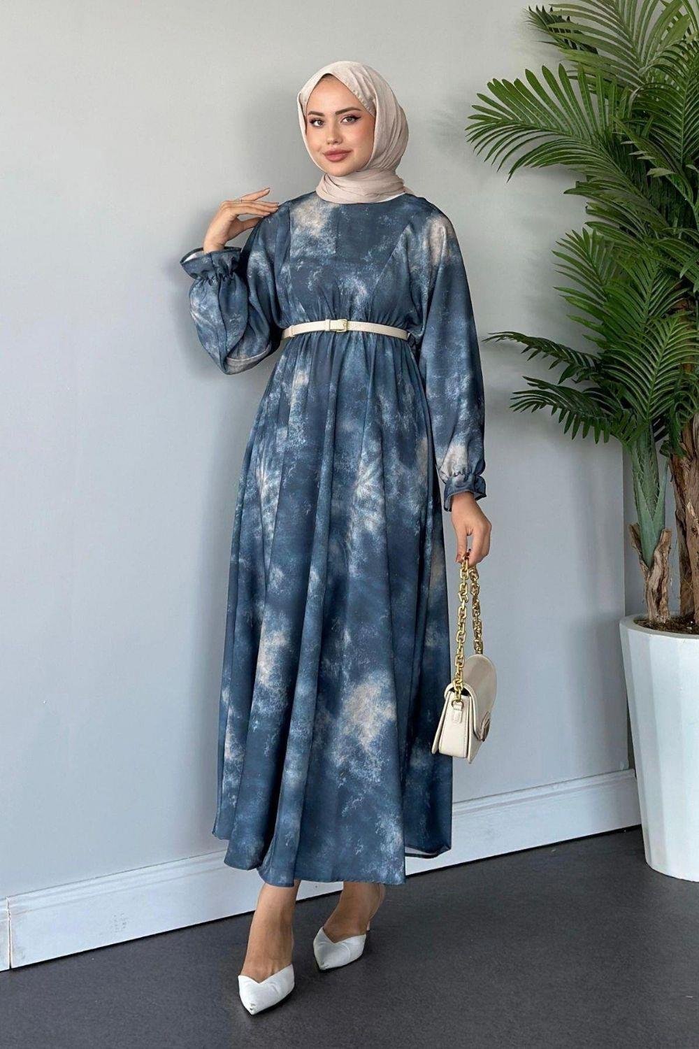 Fırça Desen Elbise Lacivert 5676 