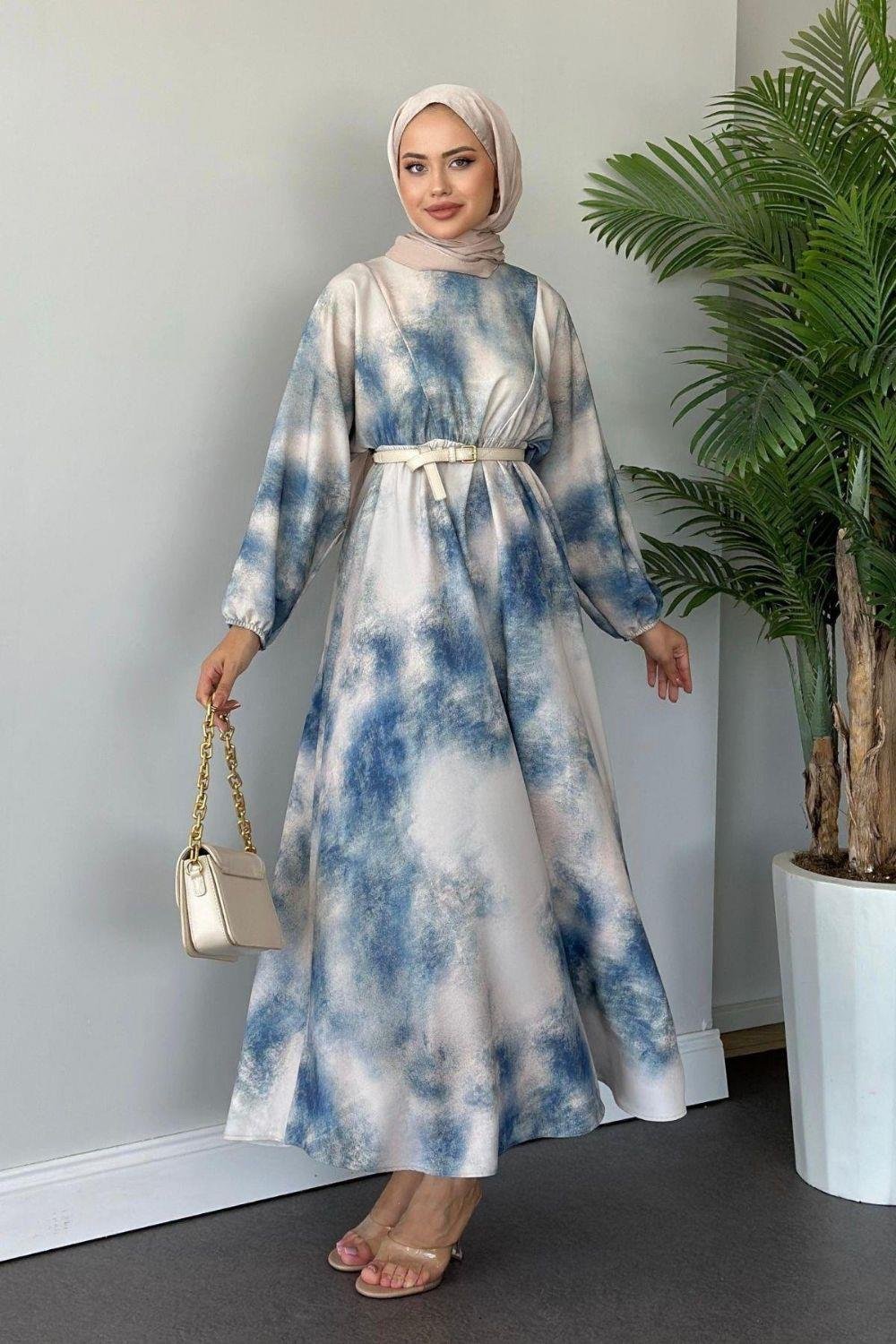 Fırça Desen Elbise Mavi 5676 