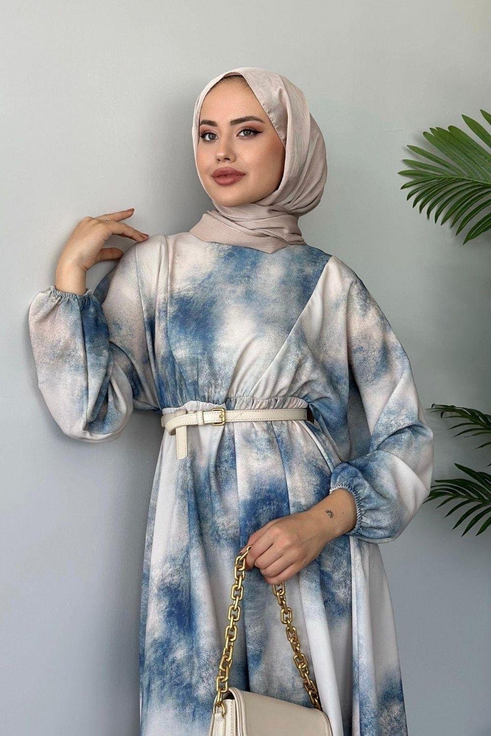 Fırça Desen Elbise Mavi 5676 