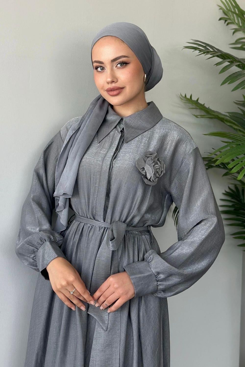 Yaka Güllü Saten Elbise Gri 5698 