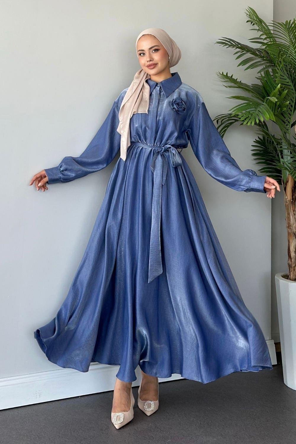 Yaka Güllü Saten Elbise İndigo 5698 