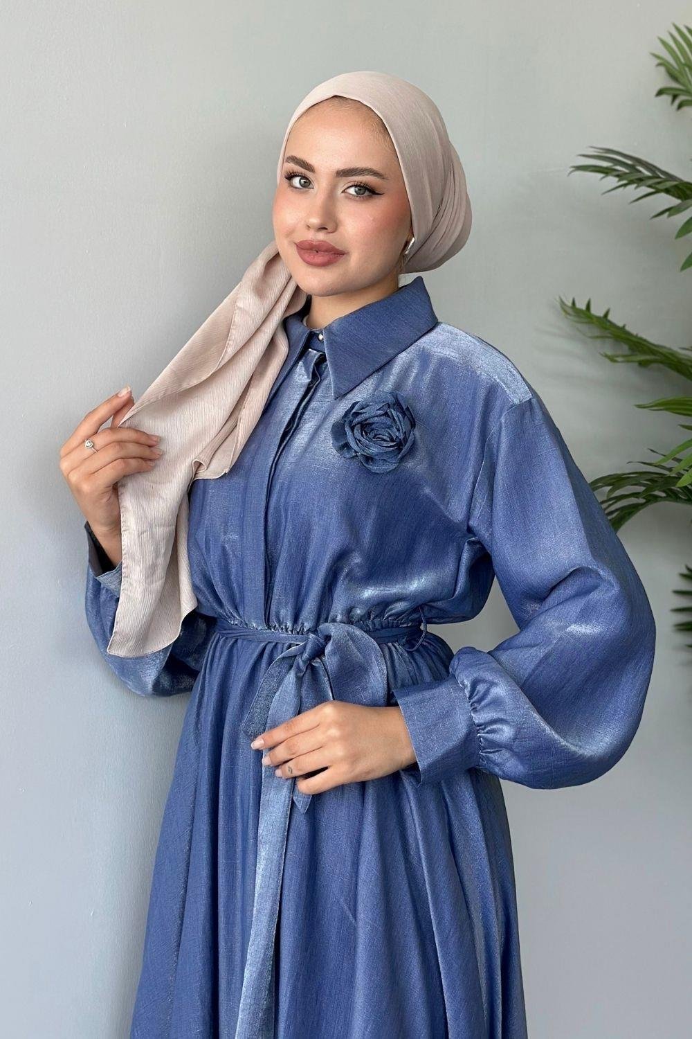 Yaka Güllü Saten Elbise İndigo 5698 