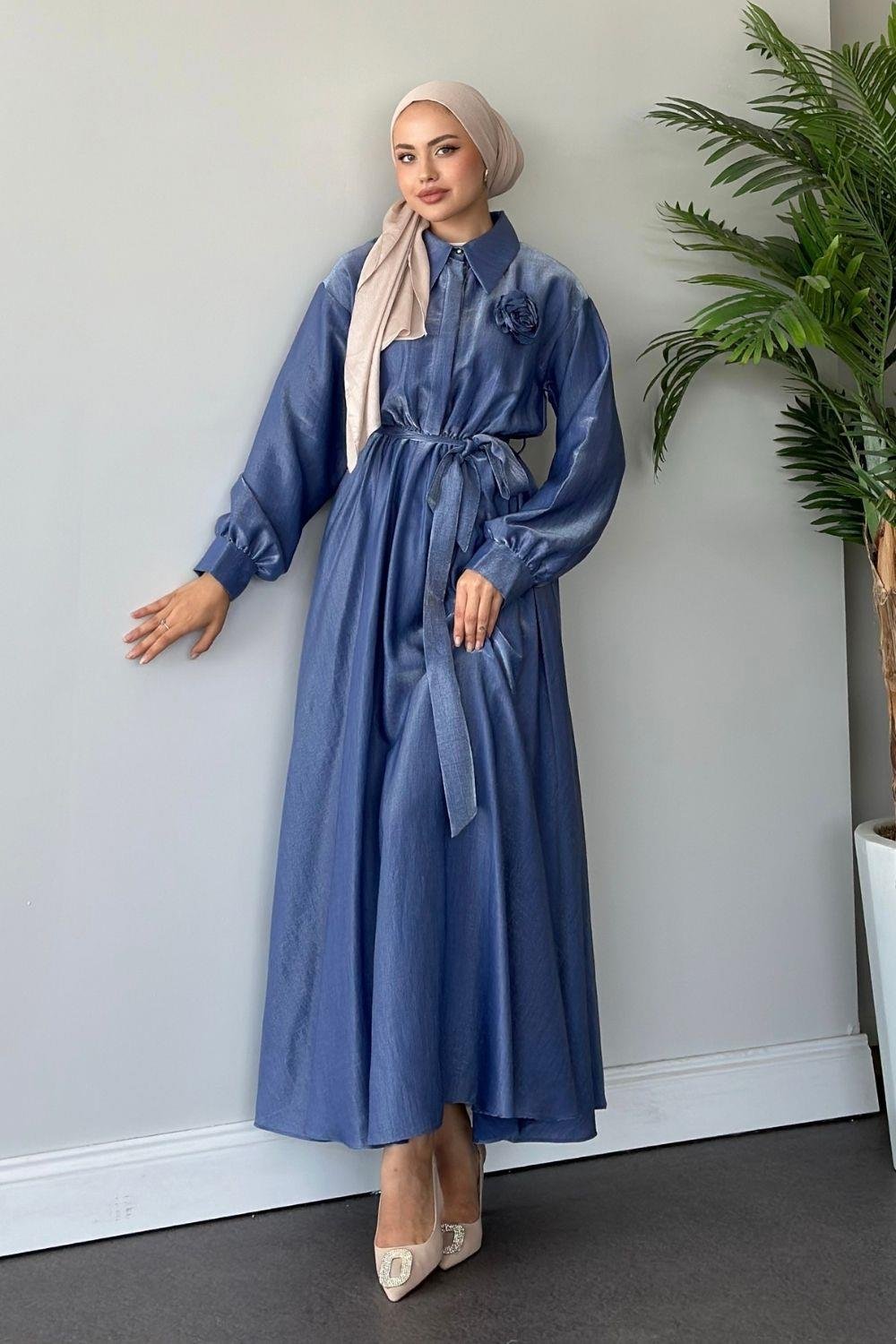 Yaka Güllü Saten Elbise İndigo 5698 