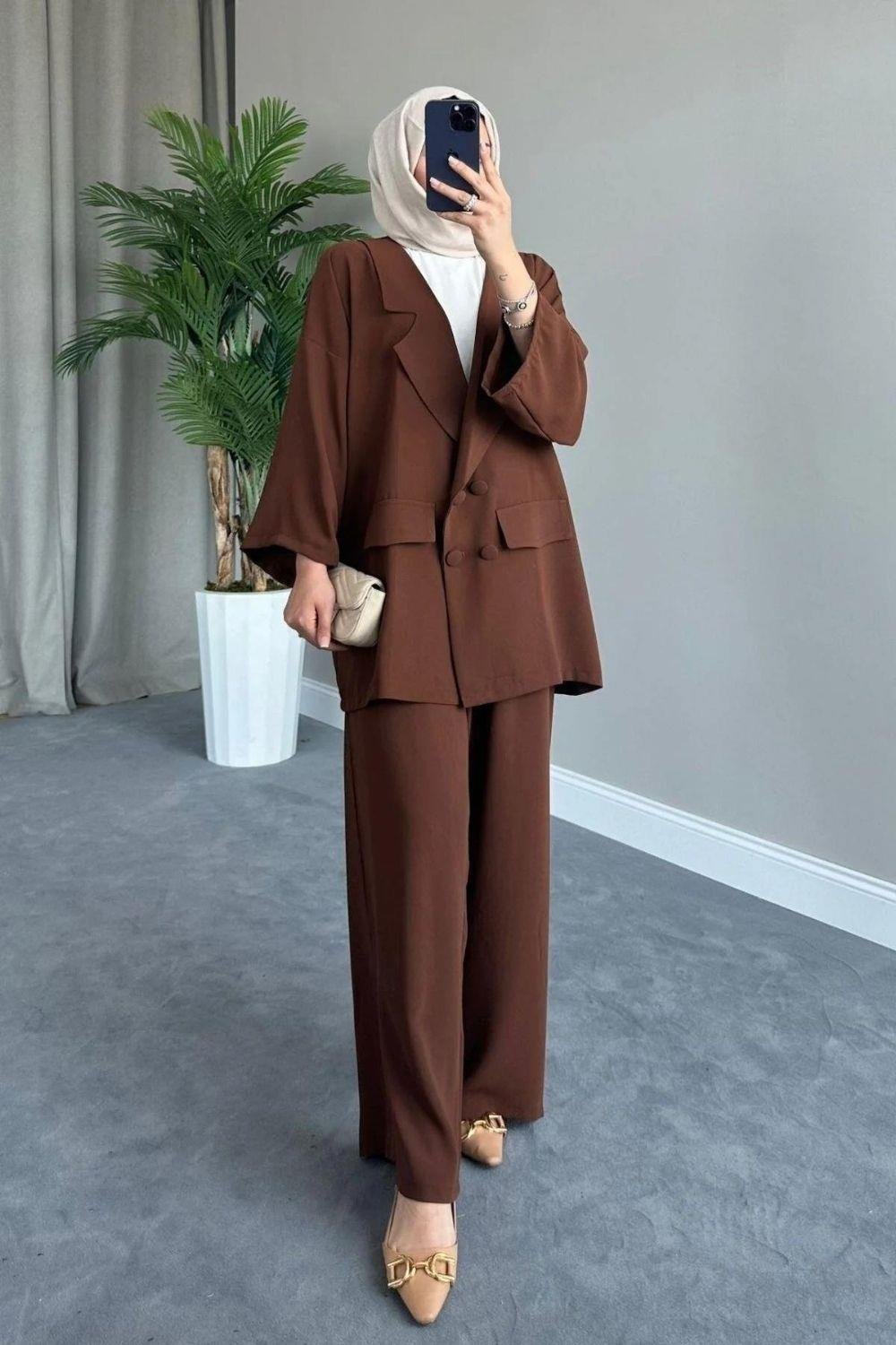 Oversize Ceket Takım Kahverengi 5927 