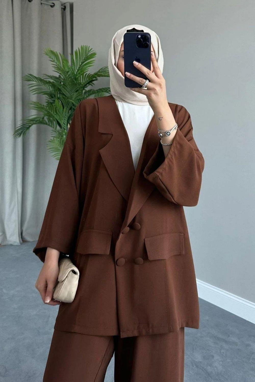 Oversize Ceket Takım Kahverengi 5927 