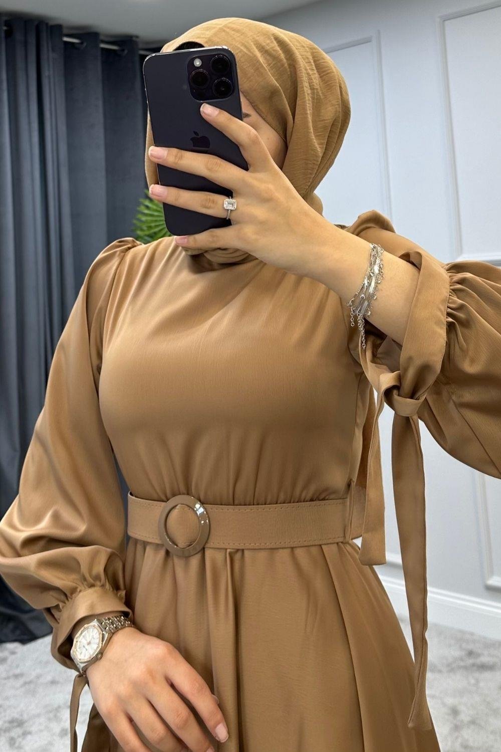 Beli Lasikli Kemerli Saten Abiye Camel 5931 